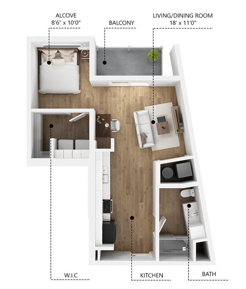 Floor plan for studio, 1 bath, 500 sqft